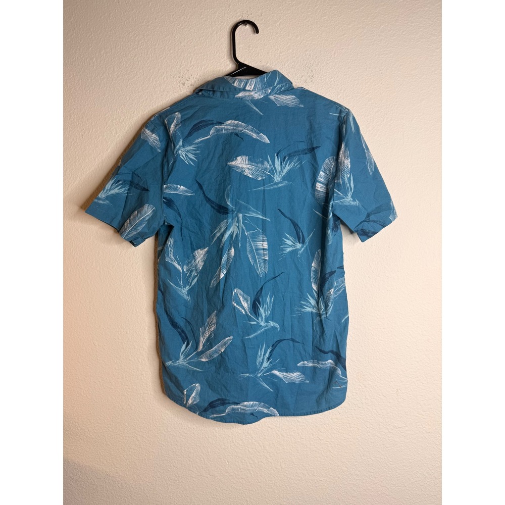 Volcom Button Down Men Shirt Tropical Leaf Print Small Blue Surf Skater Beach
